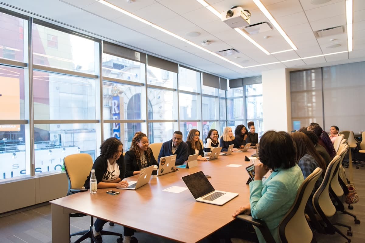 An empty modern boardroom with floor-to-ceiling windows